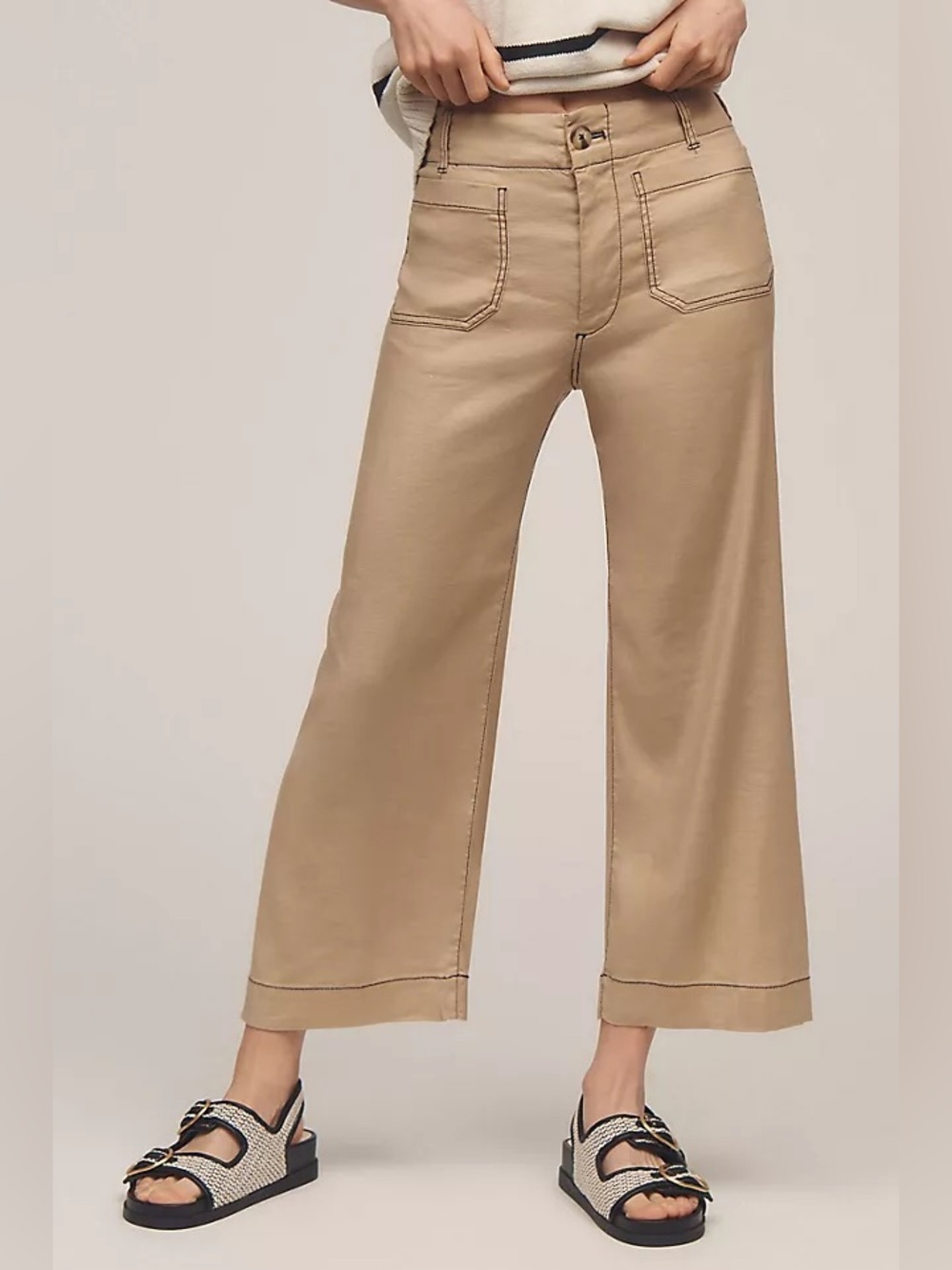 Maeve Colette Cropped Wide-Leg Pant Contrast-Stitch Linen Size 31